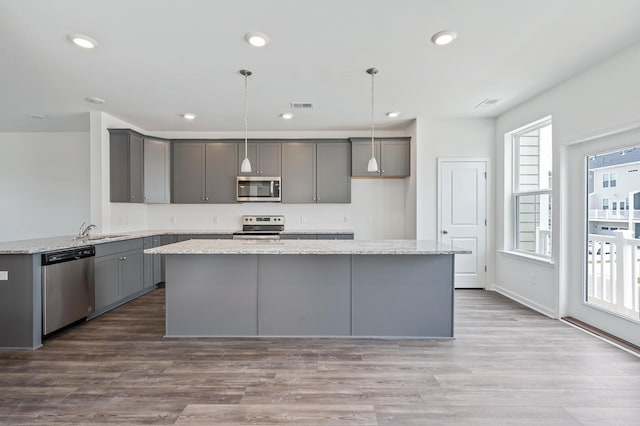 kitchen featuring gray cabinetry, pendant lighting, a center island, and stainless steel appliances