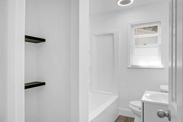 bathroom featuring toilet, vanity, and wood-type flooring