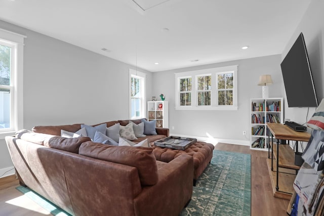 living room with a wealth of natural light and hardwood / wood-style floors