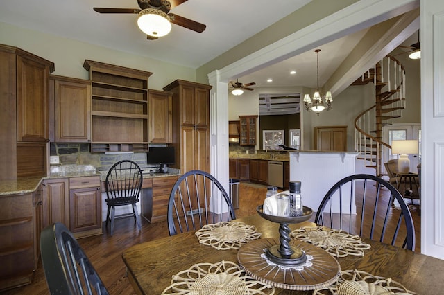 dining area featuring dark wood-style floors, stairs, and a ceiling fan