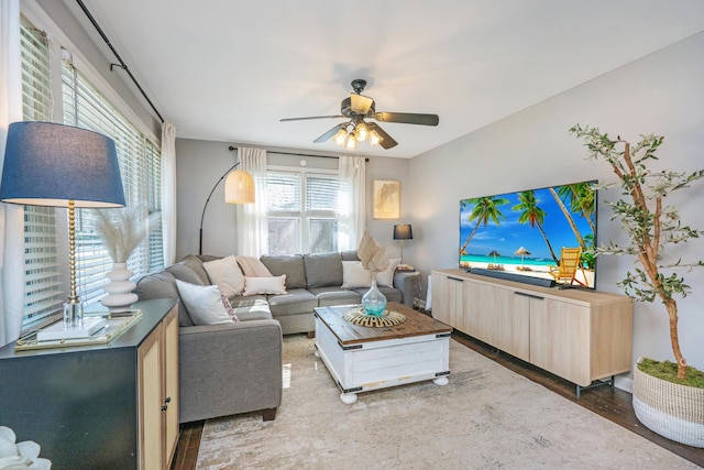 living room featuring a ceiling fan and wood finished floors