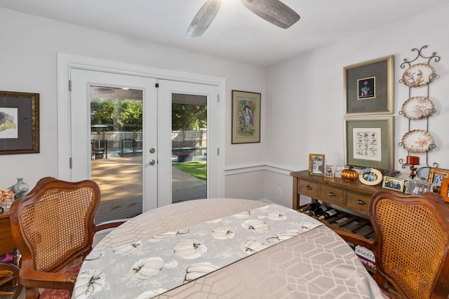 bedroom featuring french doors, ceiling fan, hardwood / wood-style floors, and access to exterior