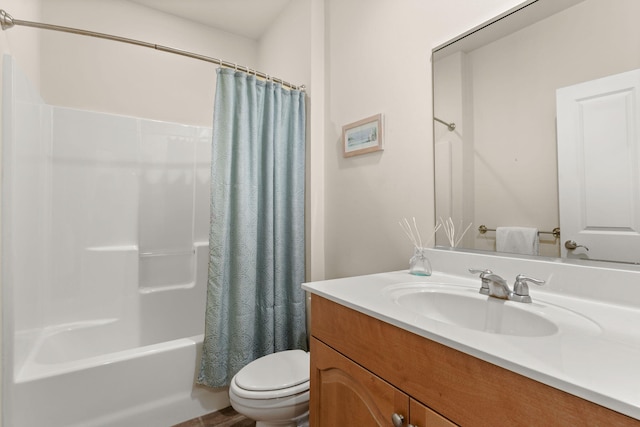 full bathroom with toilet, vanity, and shower / bathtub combination with curtain