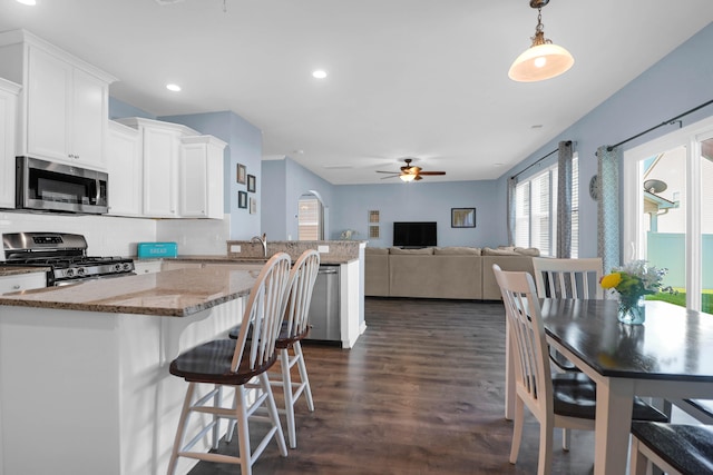 kitchen with pendant lighting, ceiling fan, appliances with stainless steel finishes, light stone counters, and white cabinetry