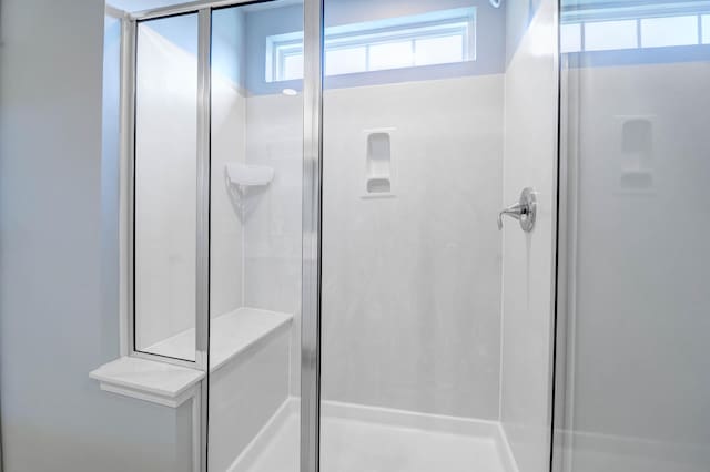 bathroom featuring a shower with shower door