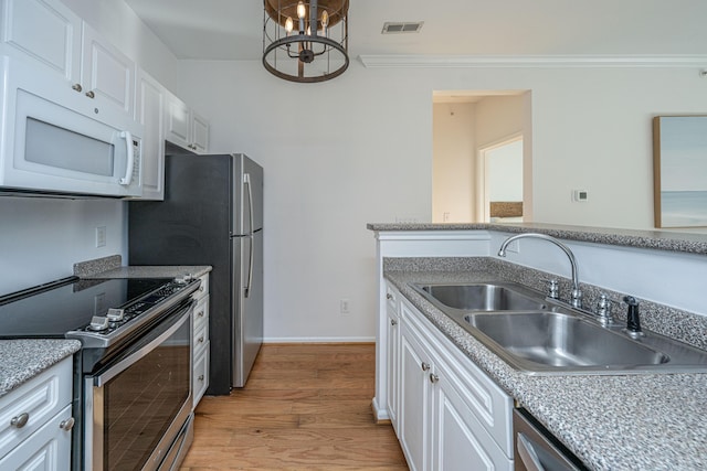 kitchen featuring white cabinetry, sink, light wood-type flooring, crown molding, and stainless steel electric range