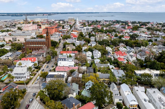 bird's eye view with a water view