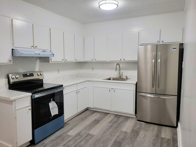 kitchen featuring white cabinetry, light hardwood / wood-style floors, appliances with stainless steel finishes, a textured ceiling, and sink