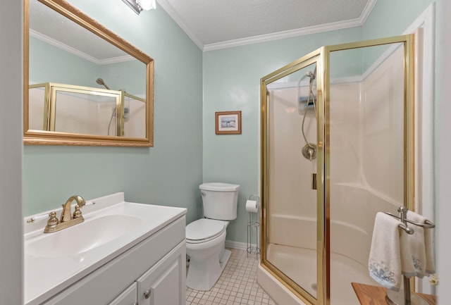 bathroom with vanity, an enclosed shower, crown molding, tile patterned flooring, and toilet