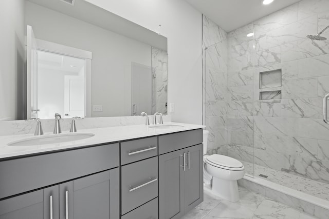 564 Scholar Way, Summerville, SC 29486 - full bathroom with marble finish flooring, a marble finish shower, double vanity, and recessed lighting