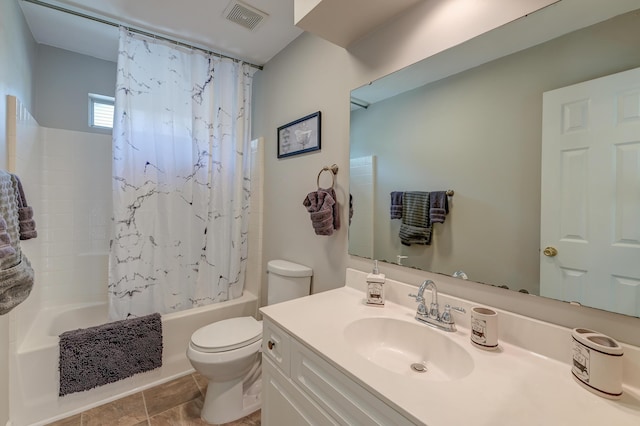 full bath with tile patterned floors, visible vents, toilet, shower / tub combo, and vanity