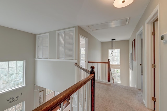 hall with an upstairs landing, attic access, and carpet