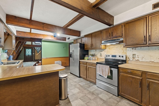 kitchen with sink, a textured ceiling, beamed ceiling, kitchen peninsula, and stainless steel appliances