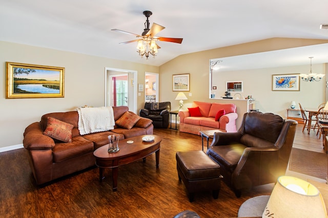 160 Syrr Run Rd, Saint George, SC 29477 - living room with wood finished floors, vaulted ceiling, ceiling fan, a chandelier, and baseboards