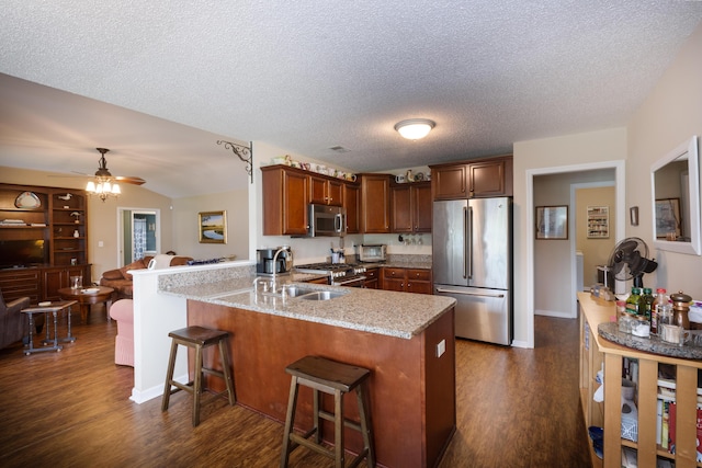 160 Syrr Run Rd, Saint George, SC 29477 - kitchen with appliances with stainless steel finishes, a peninsula, dark wood-type flooring, a sink, and a textured ceiling