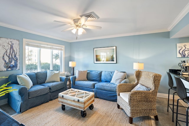 living room featuring ceiling fan and ornamental molding