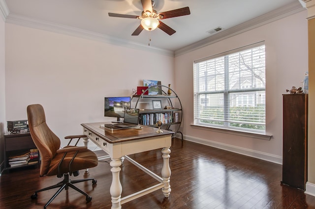 home office with ornamental molding, dark hardwood / wood-style flooring, and plenty of natural light