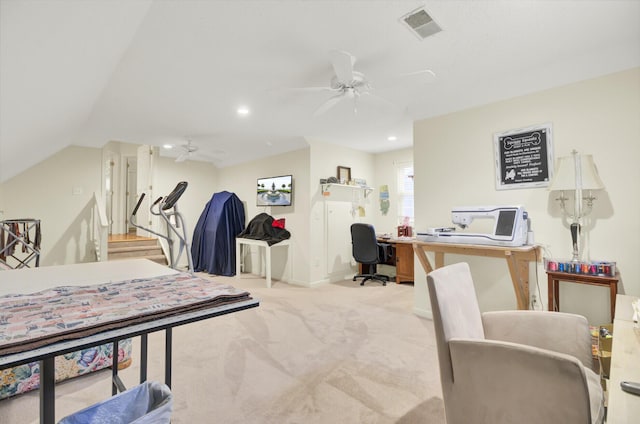 home office featuring ceiling fan, lofted ceiling, recessed lighting, light colored carpet, and visible vents