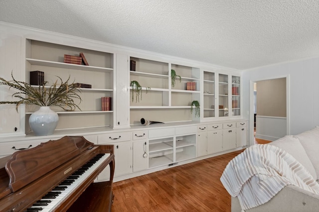 living area featuring a textured ceiling and light wood-type flooring