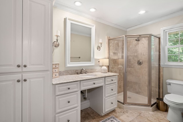 bathroom with vanity, walk in shower, tile patterned flooring, ornamental molding, and toilet