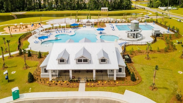 518 Golden Embers Way, Summerville, SC 29486 - drone / aerial view of a pool, a nearby body of water, and a tree filled landscape