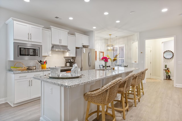 kitchen featuring under cabinet range hood, white cabinetry, stainless steel appliances, and light wood-style floors