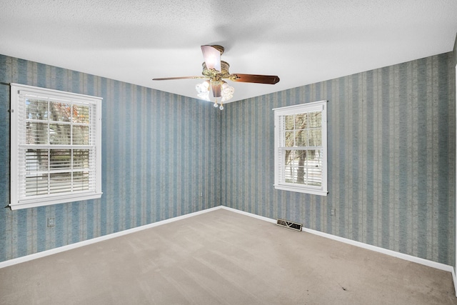 unfurnished room with ceiling fan, plenty of natural light, carpet flooring, and a textured ceiling