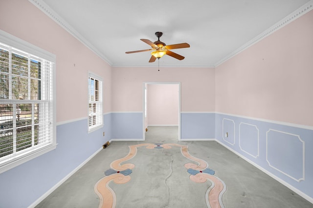 unfurnished room featuring ceiling fan, light colored carpet, and ornamental molding