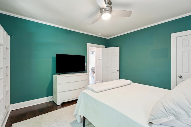 bedroom with dark wood finished floors, baseboards, crown molding, and a ceiling fan