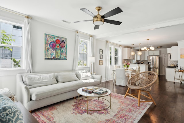 living area featuring ceiling fan with notable chandelier, visible vents, dark wood-type flooring, and crown molding