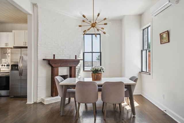 dining space with dark wood-type flooring, crown molding, an AC wall unit, and a chandelier
