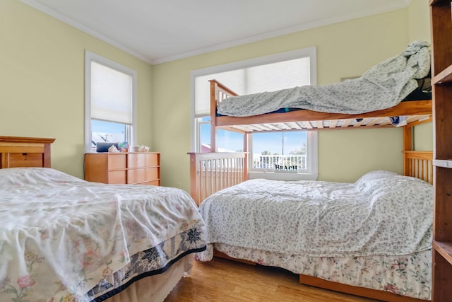 bedroom featuring multiple windows, wood finished floors, and ornamental molding