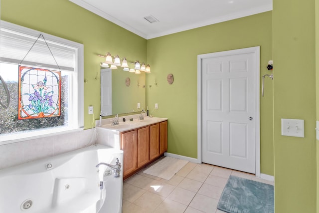 full bath with a sink, a jetted tub, ornamental molding, and tile patterned flooring