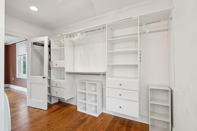 spacious closet with dark wood-type flooring