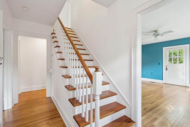 stairway featuring hardwood / wood-style floors and ceiling fan