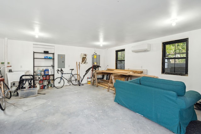 living room with electric panel, concrete floors, and an AC wall unit