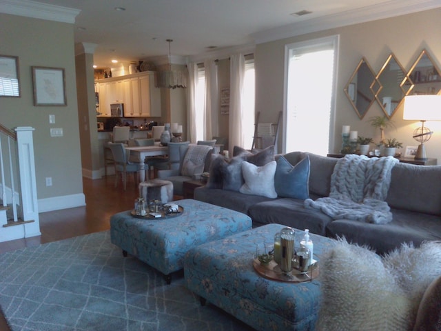 living room featuring ornamental molding and dark hardwood / wood-style floors