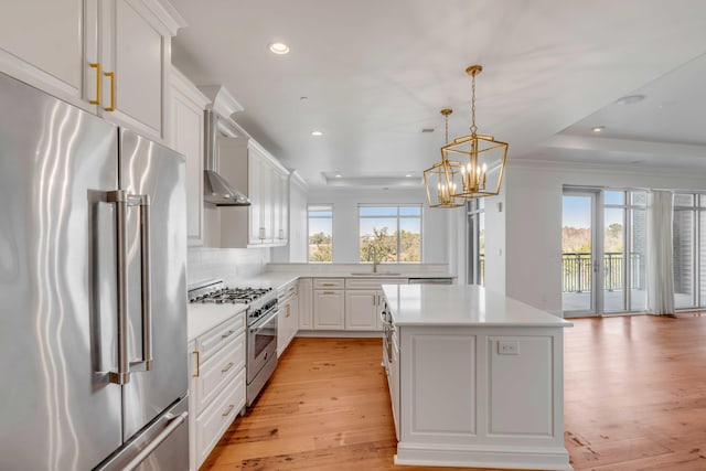 kitchen featuring premium appliances, light wood-style flooring, a center island, and light countertops