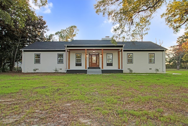 ranch-style house featuring a porch, a front lawn, crawl space, and a chimney