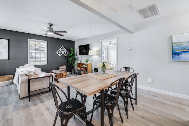 dining space featuring light wood-style floors, beam ceiling, visible vents, and baseboards