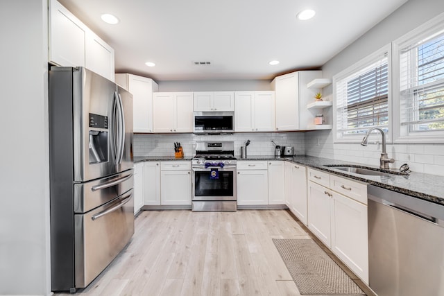 kitchen featuring stainless steel appliances, a sink, white cabinetry, light wood finished floors, and dark stone countertops