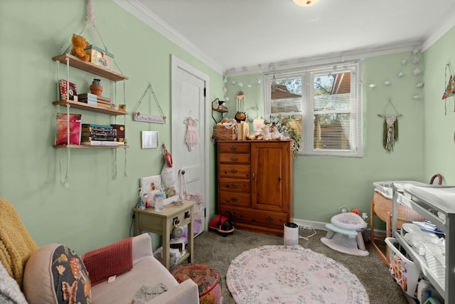 bedroom featuring carpet, baseboards, and crown molding