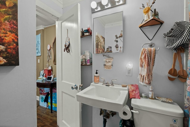 half bathroom featuring a sink, toilet, and wood finished floors