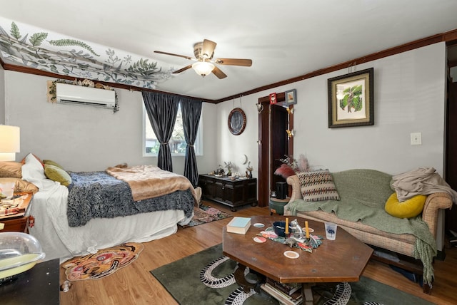 bedroom with a wall mounted AC, wood finished floors, a ceiling fan, and crown molding