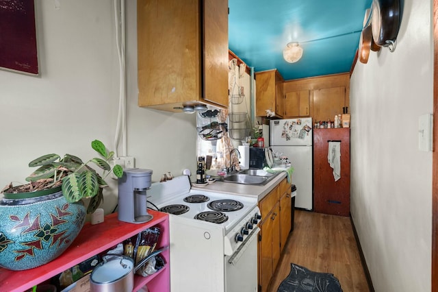 kitchen with white appliances, brown cabinetry, light wood-style flooring, light countertops, and a sink