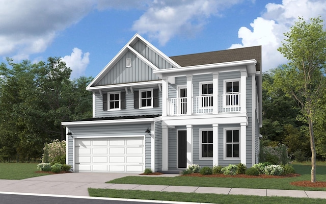 view of front of property featuring a balcony, a front lawn, and a garage