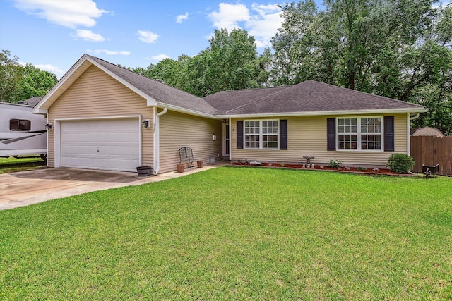 ranch-style home with an attached garage, a front lawn, roof with shingles, and driveway