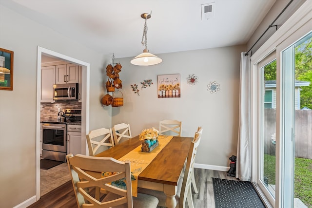 dining room with visible vents, baseboards, and dark wood-style floors