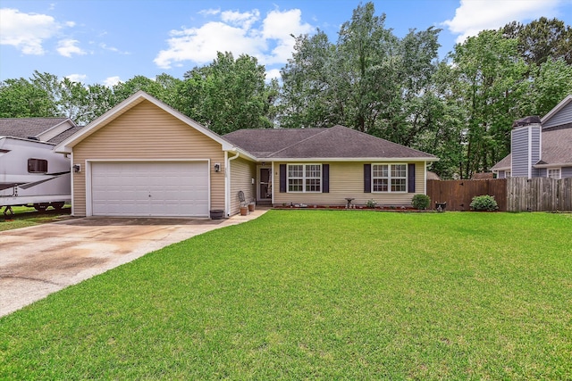 ranch-style home with fence, an attached garage, concrete driveway, and a front yard