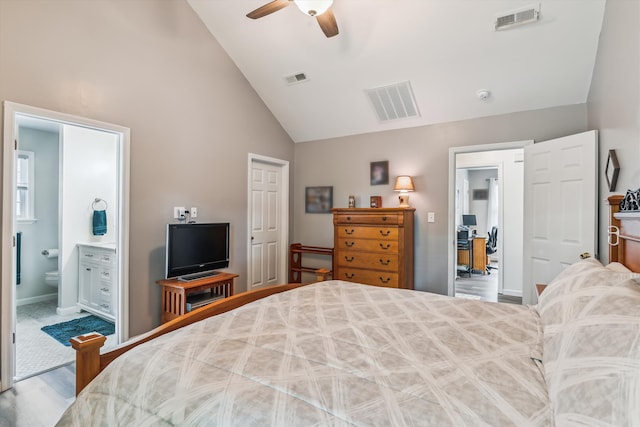 bedroom featuring visible vents, wood finished floors, and high vaulted ceiling